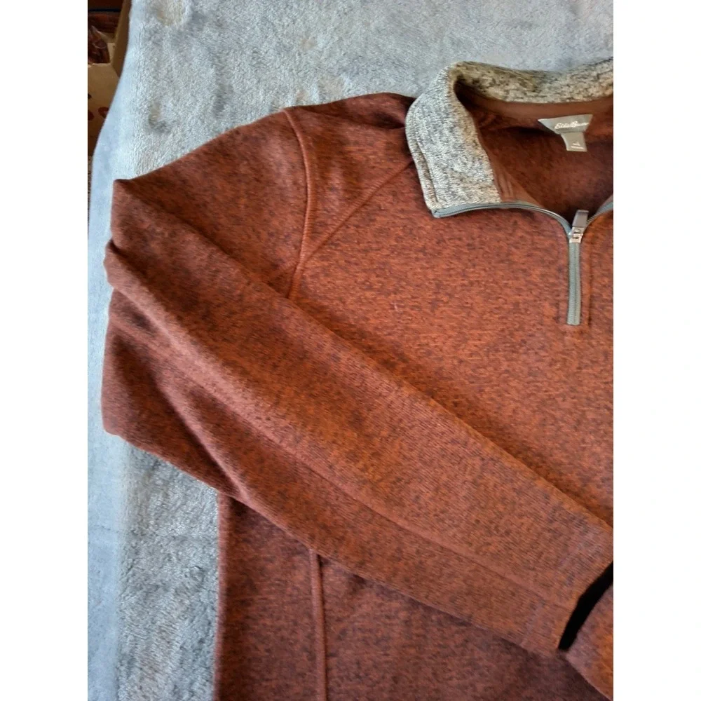 Eddie Bauer Mens Large Rust Orange Marl Fleece‎ Quarter Zip Pullover Sweater